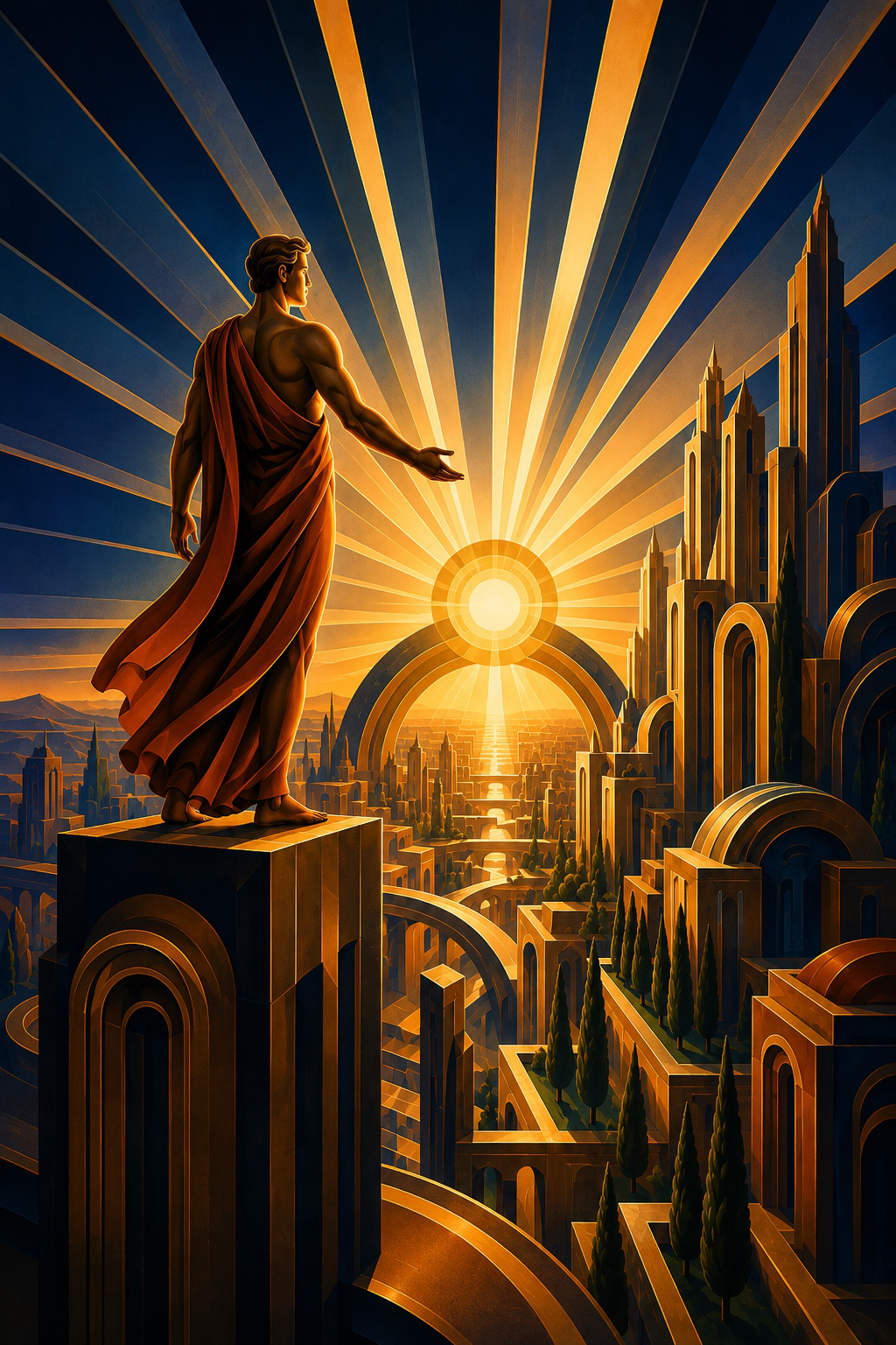 Art Deco illustration of a human figure overlooking a radiant city